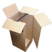 top view of an empty cardboard wardrobe box with the hanging rail in place on a white background