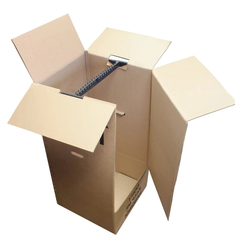 top view of an empty cardboard wardrobe box with the hanging rail in place on a white background