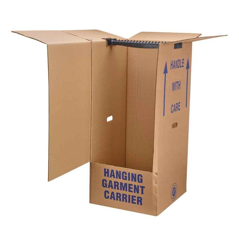 A cardboard wardrobe box with a plastic hanging rail, open and empty, designed for transporting clothes and other belongings.