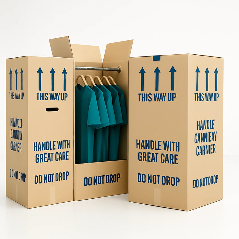 Three cardboard wardrobe boxes. One of the boxes is open to show clothing on hangars within the box.