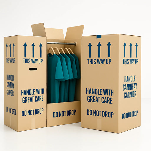 Three cardboard wardrobe boxes. One of the boxes is open to show clothing on hangars within the box.