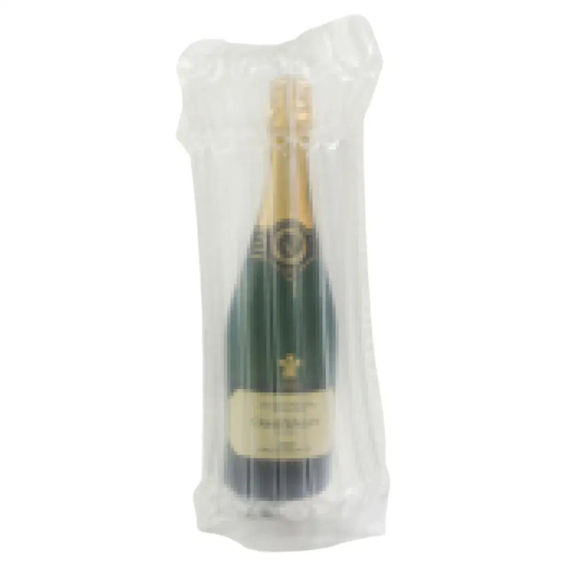 bubl air cushioning pod to protect a bottle of champagne during shipping on a white background