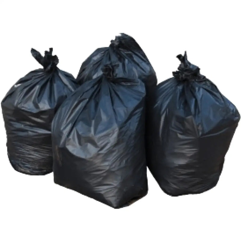 A group of four filled large black bin bags on a white background