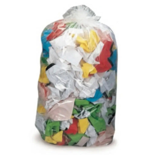 A large clear storage bag full of colourful clothes.
