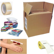 A collage showing various elements of a large cardboard box shipping kit, including a brown cardboard box, clear packing tape, shipping labels, a vacuum storage bag, and a document enclosed pouch.