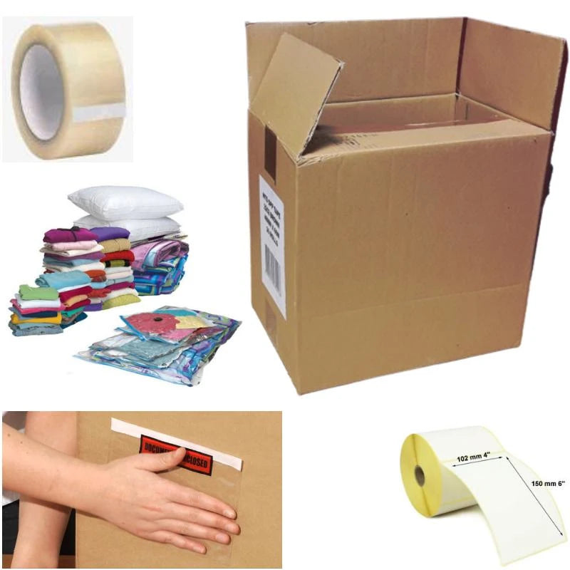 A collage showing various elements of a large cardboard box shipping kit, including a brown cardboard box, clear packing tape, shipping labels, a vacuum storage bag, and a document enclosed pouch.
