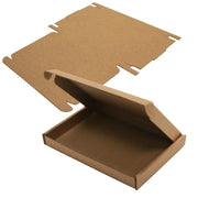 an assembled POP cardboard box beside an unassembled POP cardboard box on a white background