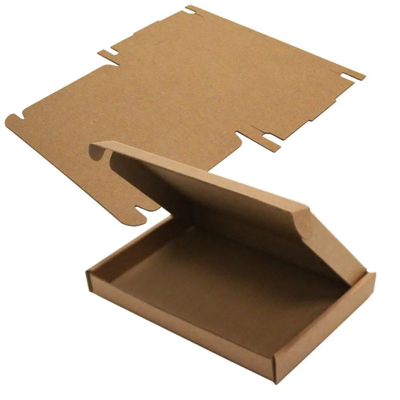 an assembled POP cardboard box beside an unassembled POP cardboard box on a white background