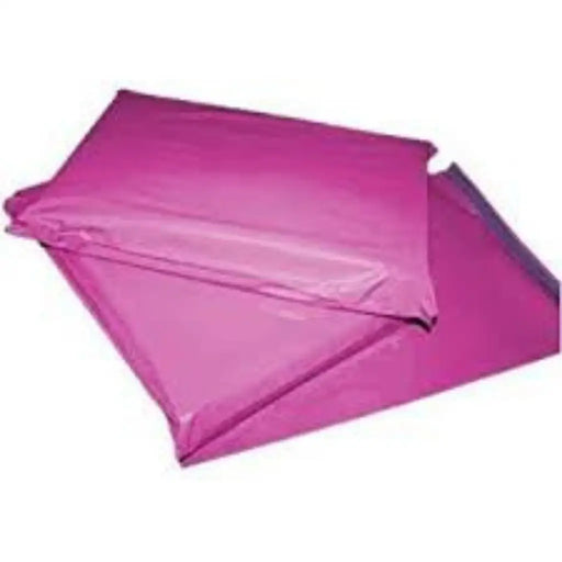 pink poly mailing bags filled and sealed on a white background